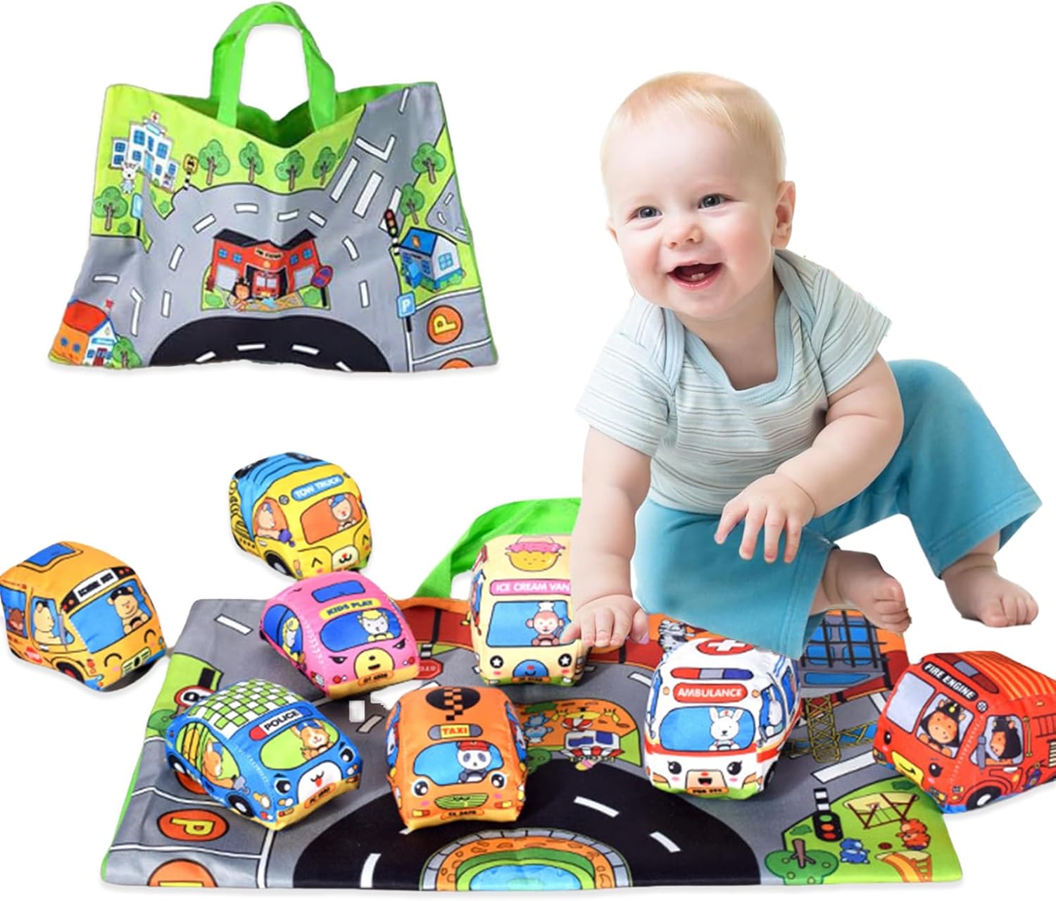 Travel Accessories Baby - ผ้านุ่มของเล่นรถสําหรับทารก-หนังสือผ้าทนต่อการฉีกขาดพร้อมกระเป๋าเก็บ & Play MAT, การเรียนรู้การเดินทางSensoryของเล่นของขวัญ